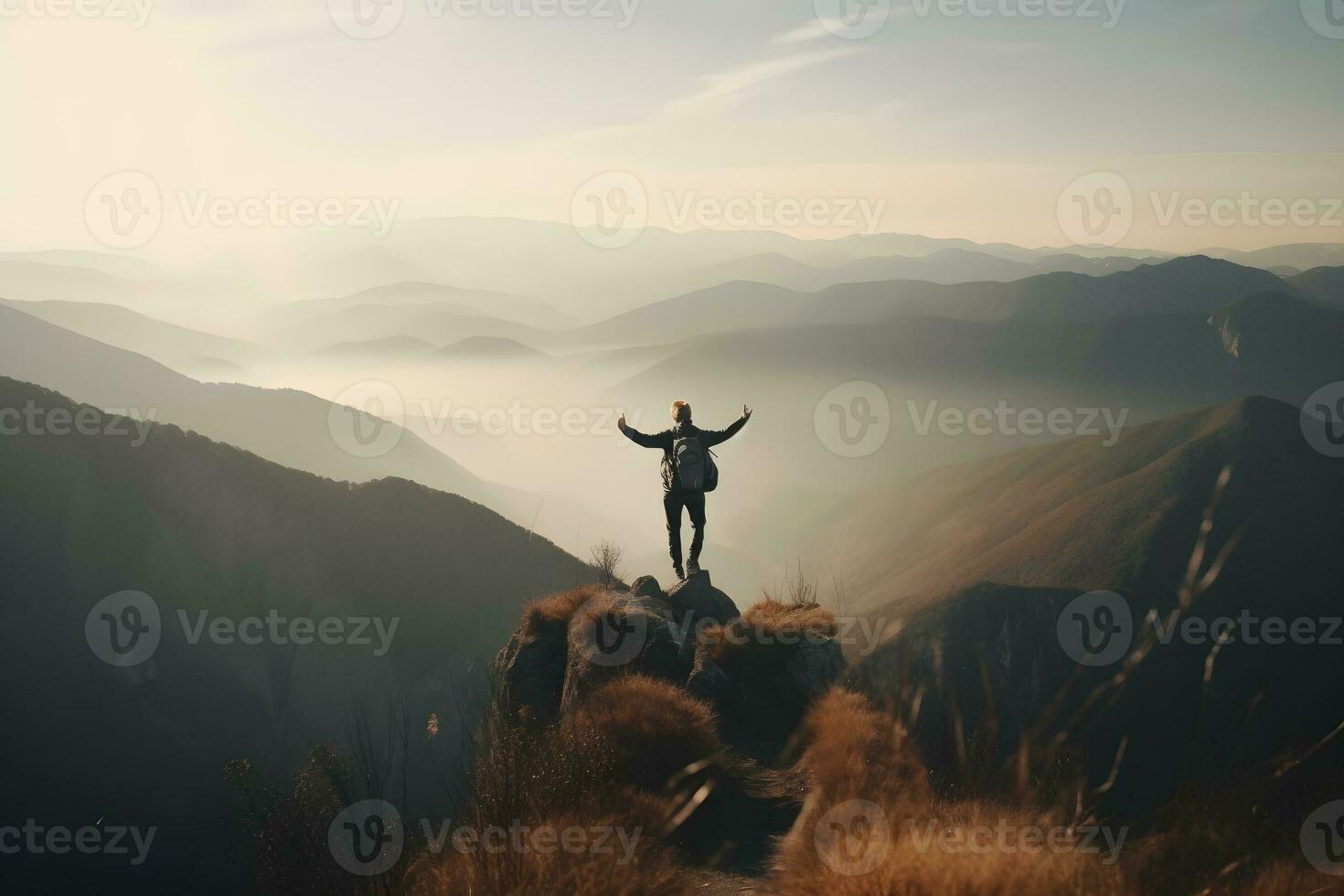 AI generated Female hiker with backpack raised her hands celebrating successful climb to top of mountain. Neural network AI generated photo