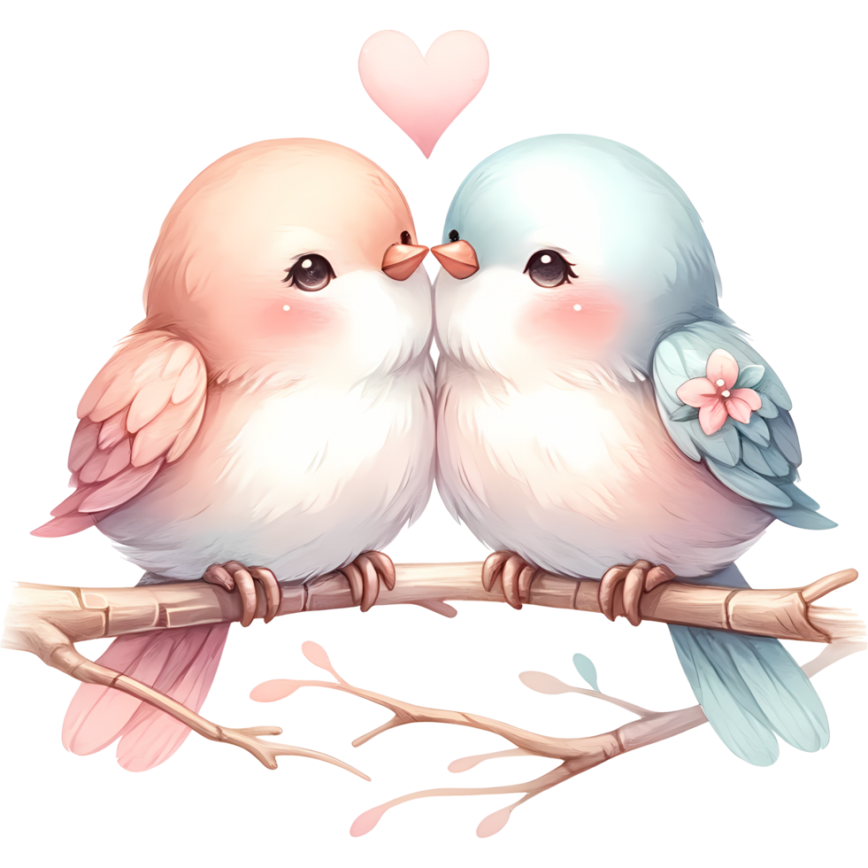 ai généré une mignonne couple de des oiseaux dans l'amour sur une branche avec cœurs la Saint-Valentin journée salutation carte png