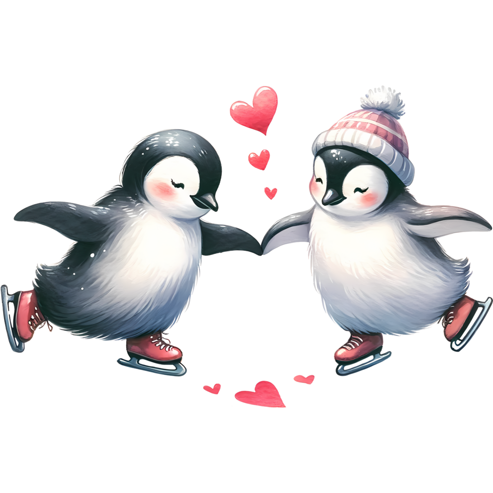 AI generated Two penguins on ice skates in love Valentine's Day themes png