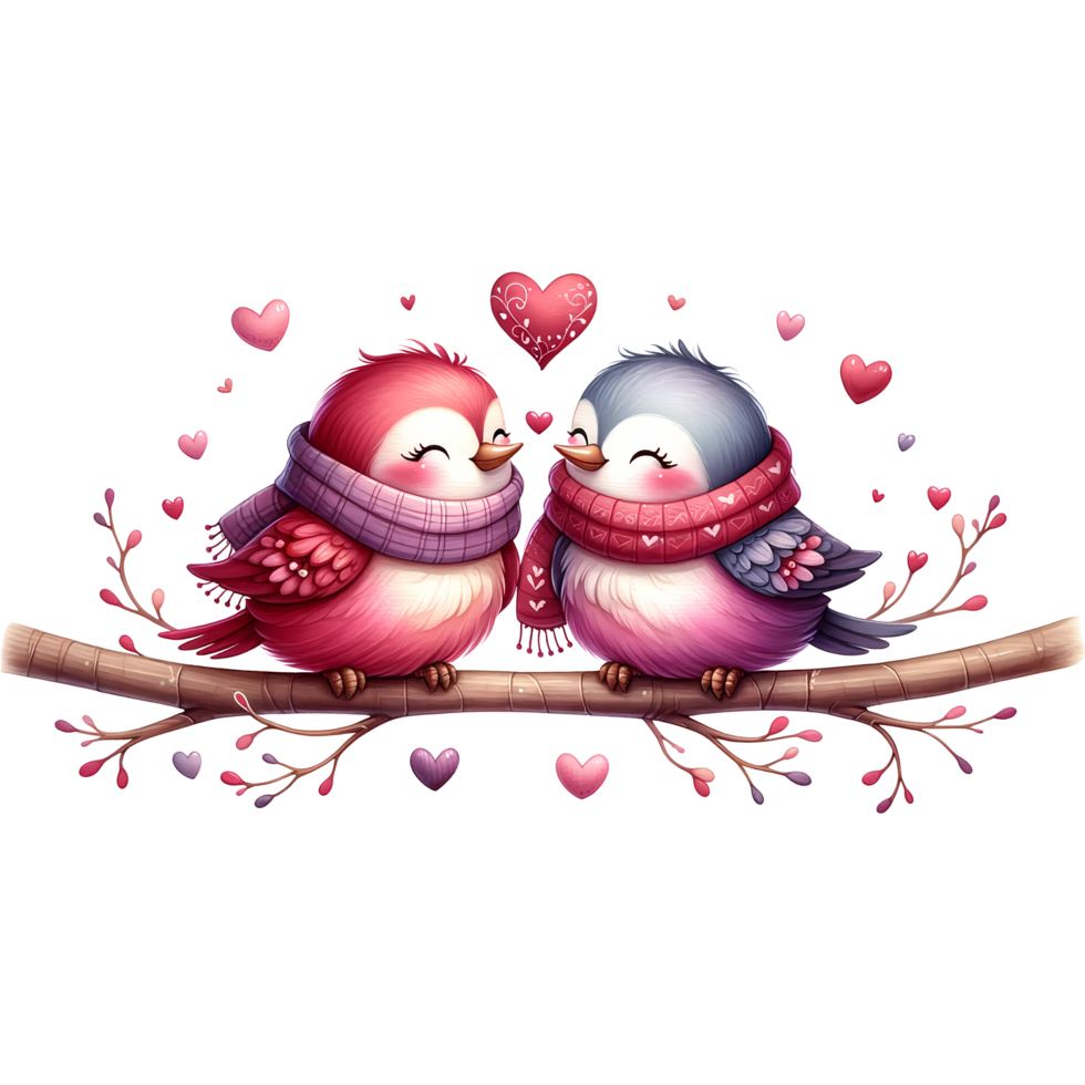 ai generado un linda Pareja de aves en amor en un rama con corazones San Valentín día saludo tarjeta png