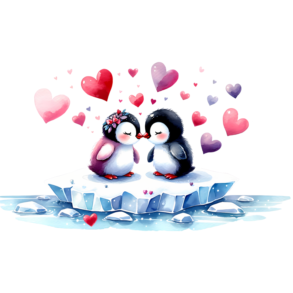 AI generated Two penguins on ice floe with red heart Valentine's Day themes png