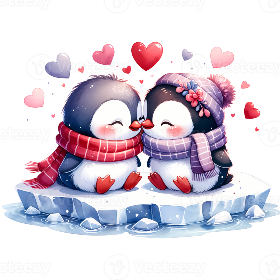 AI generated Two penguins on ice floe with red heart Valentine's Day themes png
