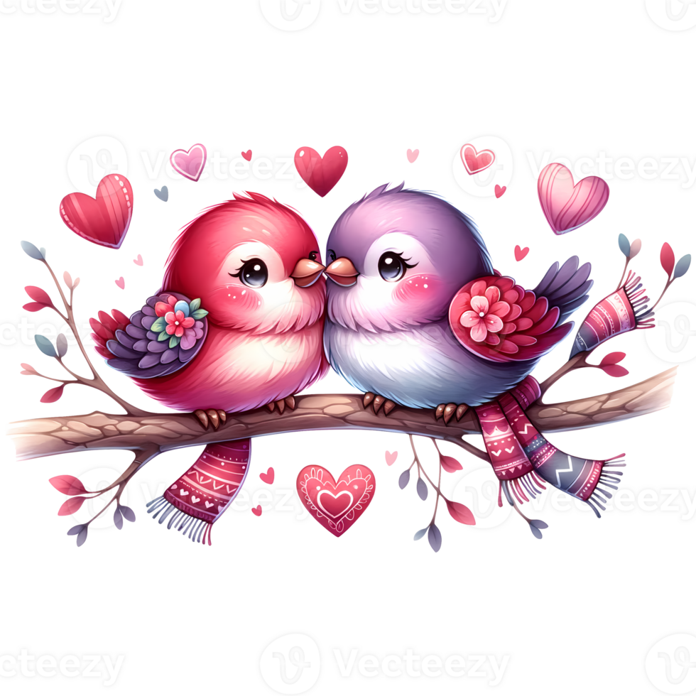 AI generated A cute couple of birds in love on a branch with hearts Valentine's Day greeting card png