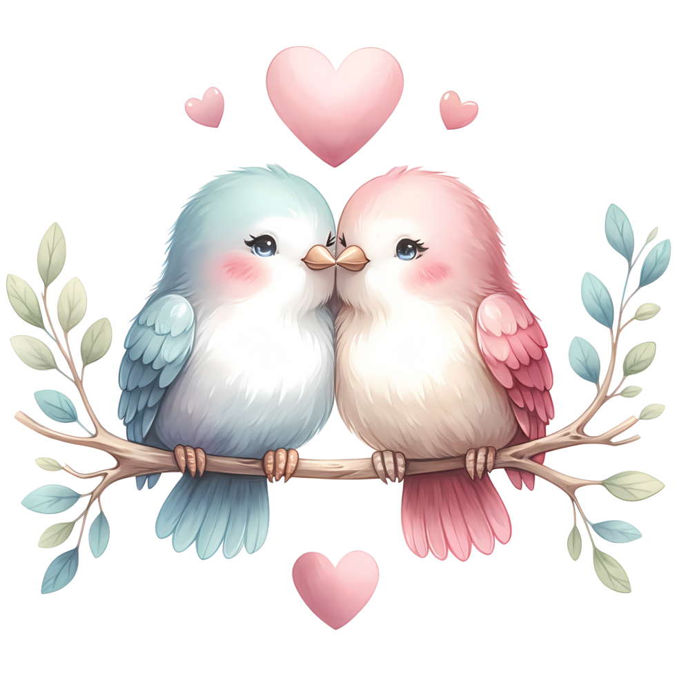 AI generated A cute couple of birds in love on a branch with hearts Valentine's Day greeting card png