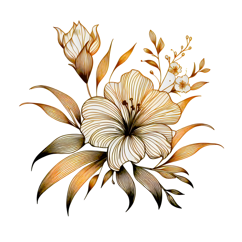 ai généré une d'or botanique fleur tiré dans ligne art sur une transparent Contexte png