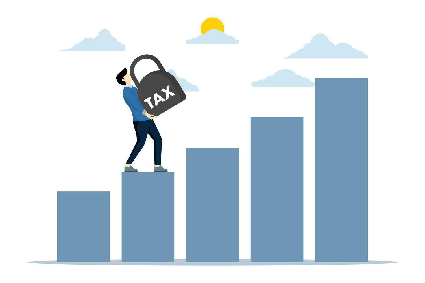 Businessmen raise high taxes, Businessmen who are tired of lifting the burden of writing taxes. Tax burden tax time and taxpayer finance concept. Flat vector illustration on white background.