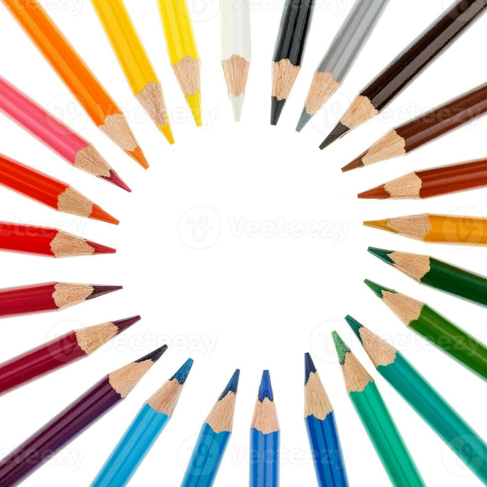 Colored pencils stacked in a circle isolated on white background photo