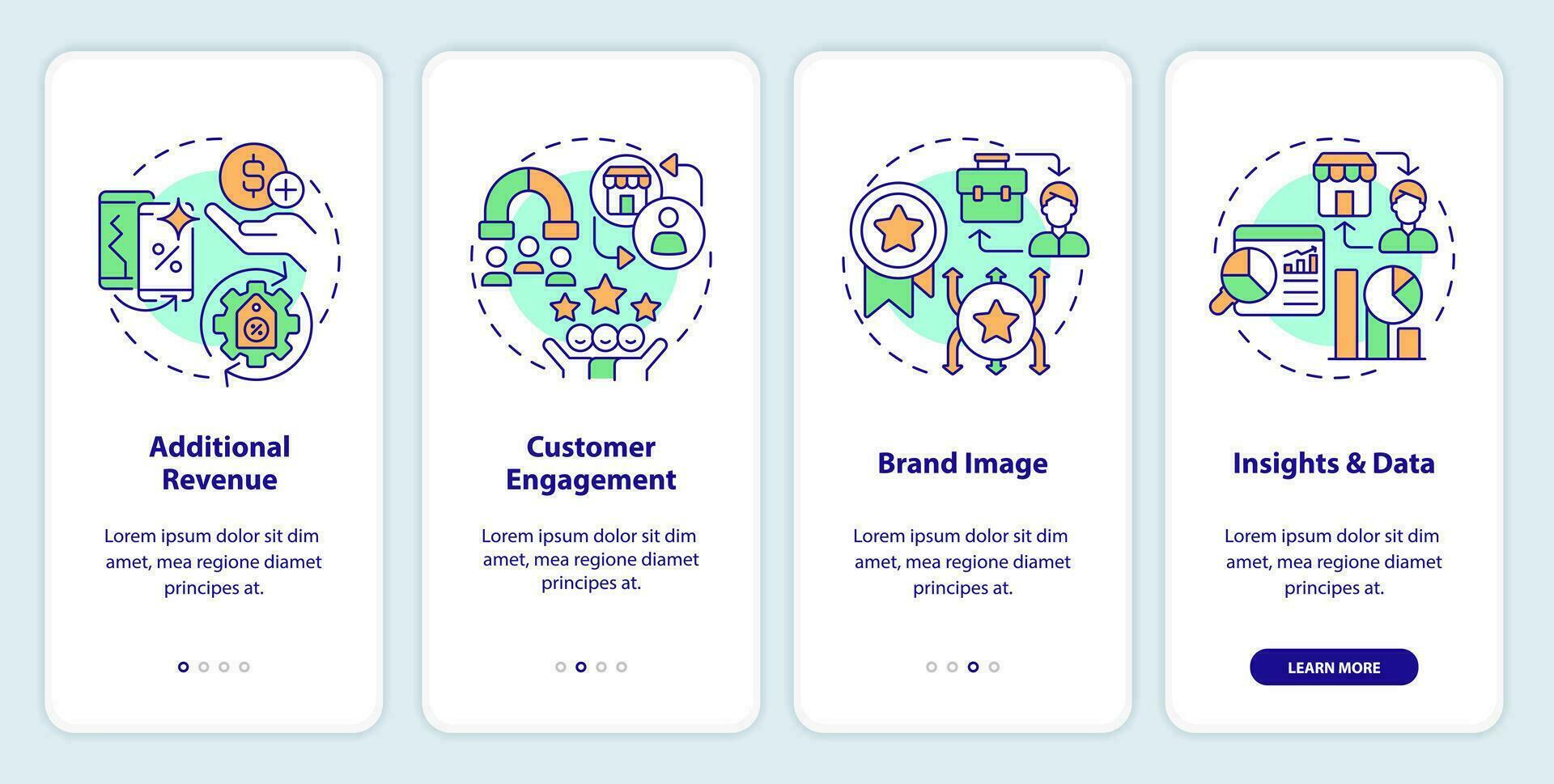 2D icons representing C2C mobile app screen set. Walkthrough 3 steps ...