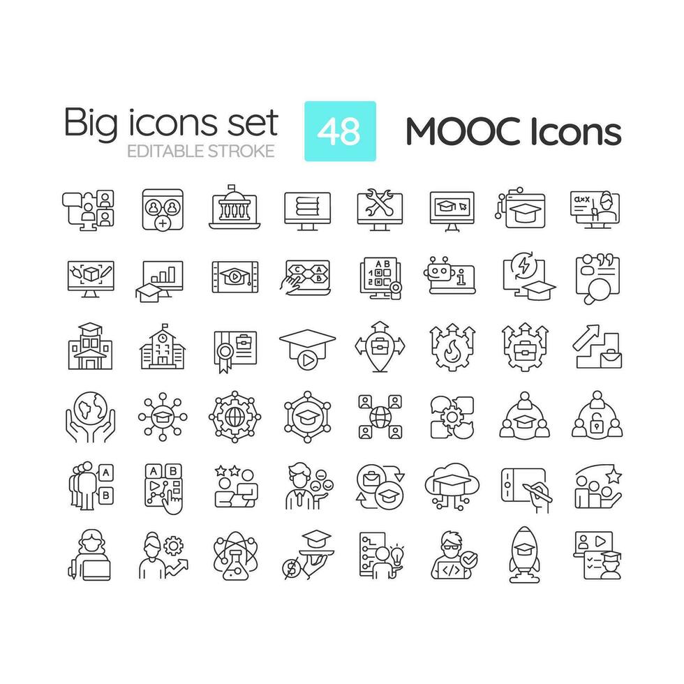 2D editable black big thin line icons set representing MOOC, isolated vector, linear illustration. vector