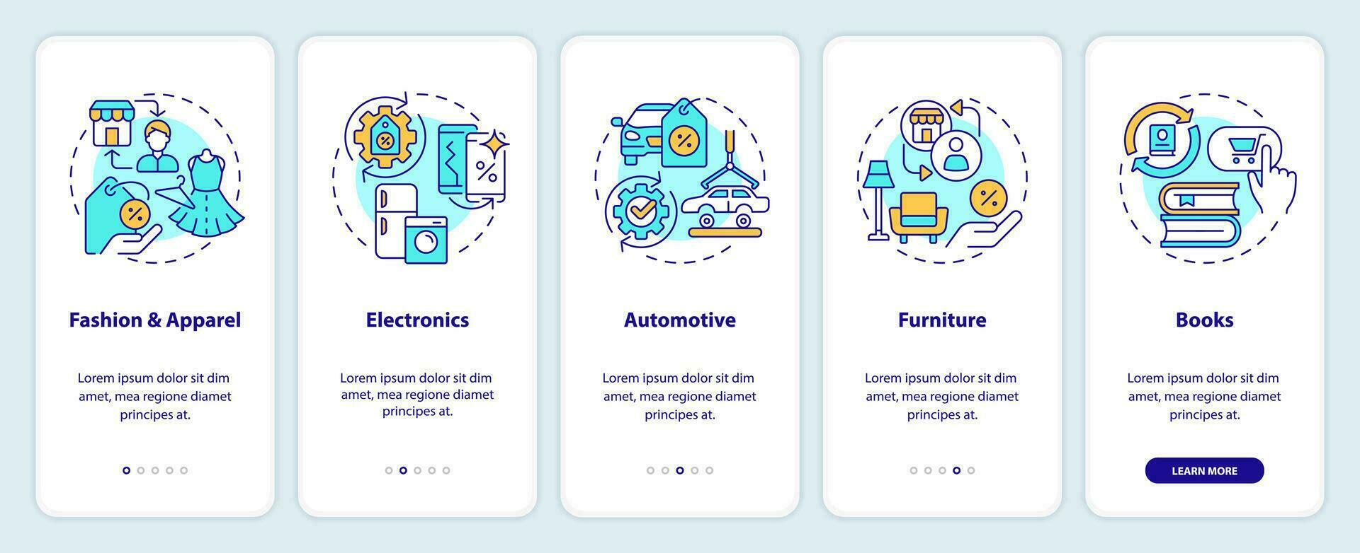 2D icons representing C2C mobile app screen set. Walkthrough 5 steps ...