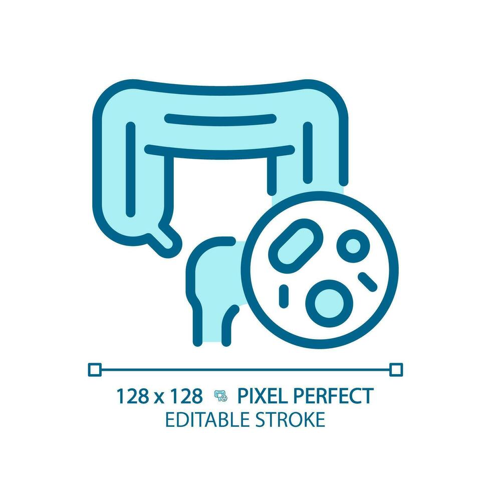 2D pixel perfect editable blue intestine with bacteria icon, isolated monochromatic vector, thin line illustration representing bacteria. vector