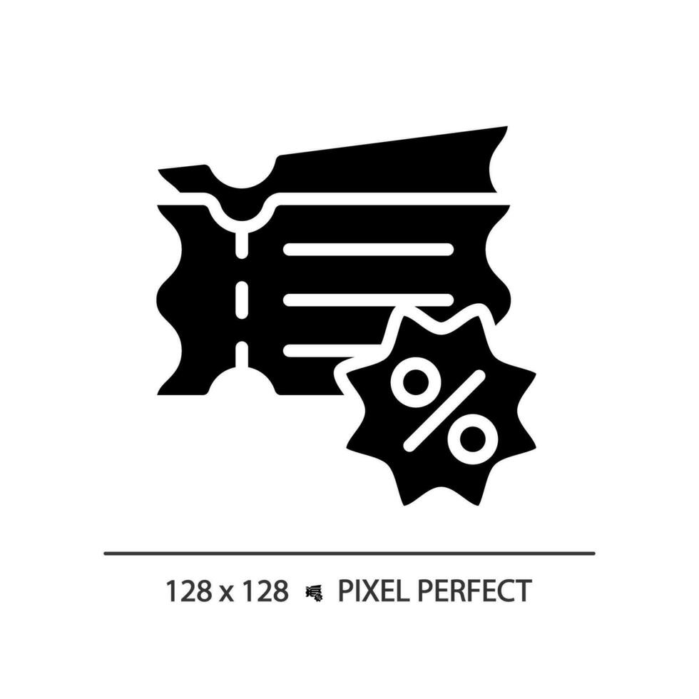 2d píxel Perfecto glifo estilo descuento cupones icono, aislado negro vector, silueta ilustración representando descuentos vector