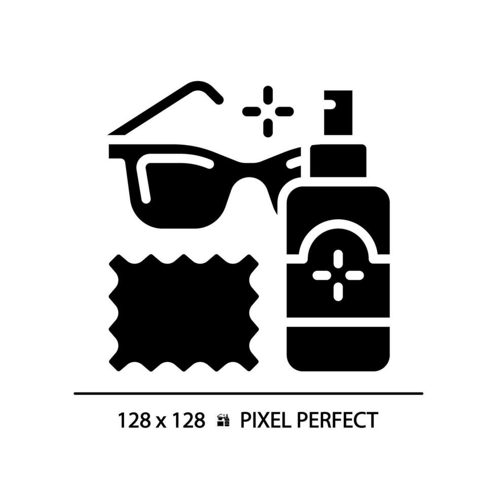 2D pixel perfect glyph style eyeglasses cleaner solution icon, isolated simple vector, silhouette illustration representing eye care. vector