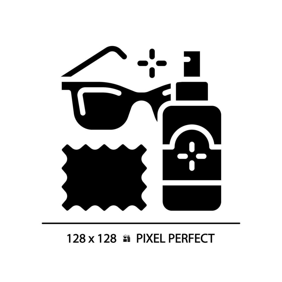 2D pixel perfect glyph style eyeglasses cleaner solution icon, isolated simple vector, silhouette illustration representing eye care. vector