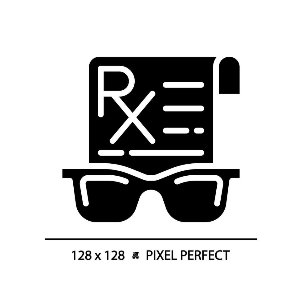 2D pixel perfect glyph style spectacles prescription icon, isolated simple vector, silhouette illustration representing eye care. vector