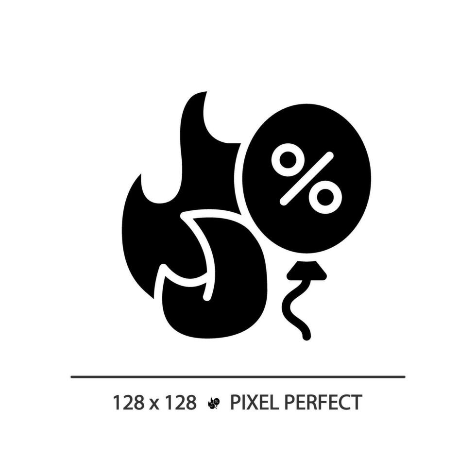 2d píxel Perfecto glifo estilo fuego y globo descuento icono, aislado negro vector, silueta ilustración representando descuentos vector