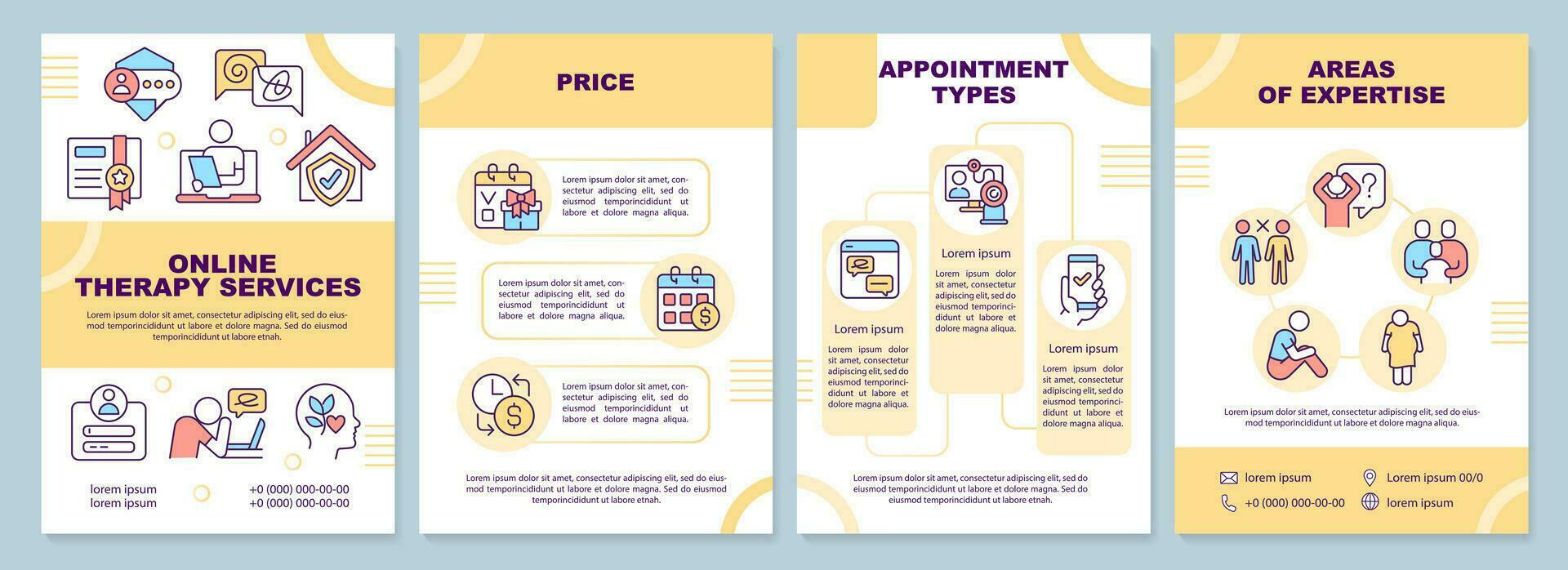 2D yellow online therapy brochure template, leaflet design with thin linear icons, 4 vector layouts.