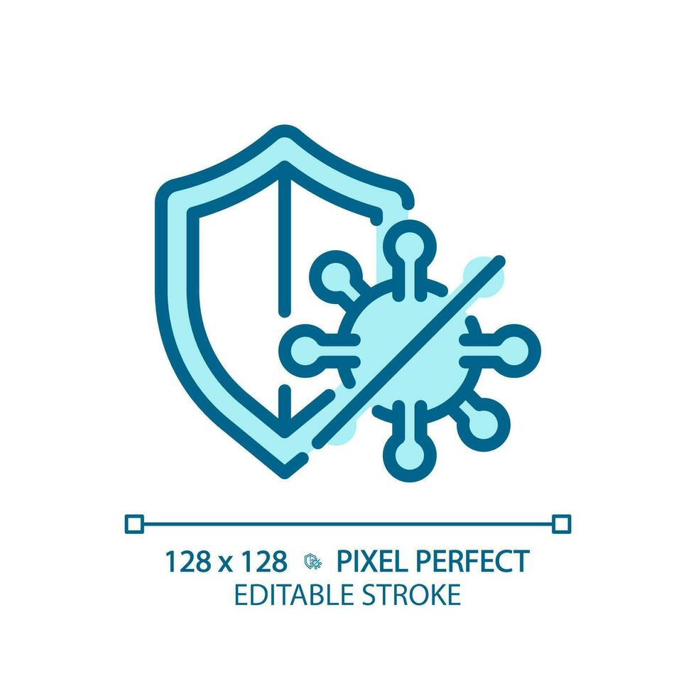 2D pixel perfect editable blue virus with shield icon, isolated monochromatic vector, thin line illustration representing bacteria. vector