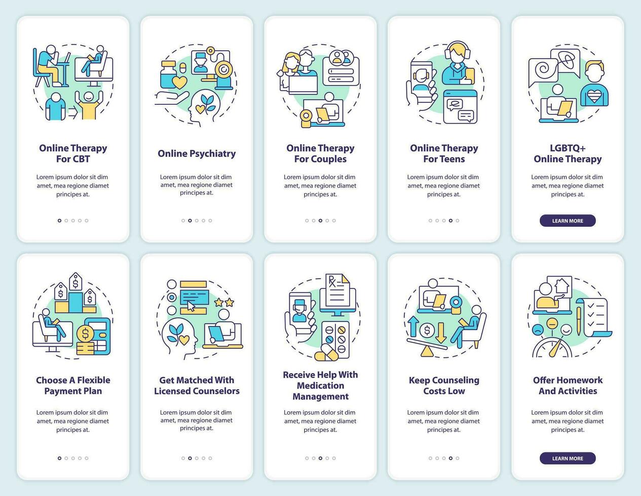 2D icons representing online therapy mobile app screen set. Walkthrough 5 steps multicolor graphic instructions with thin line icons concept, UI, UX, GUI template. vector
