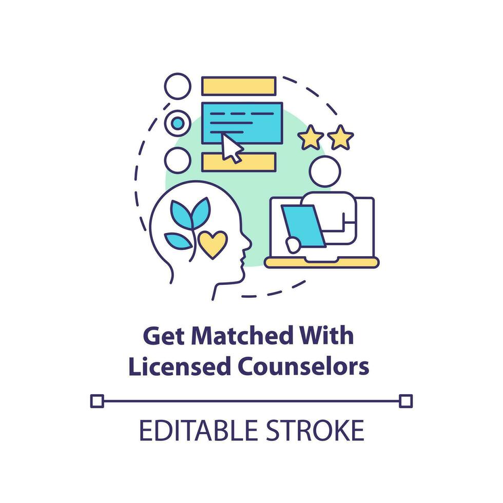 2D editable get matched with licensed counselors thin line icon concept, isolated vector, multicolor illustration representing online therapy. vector