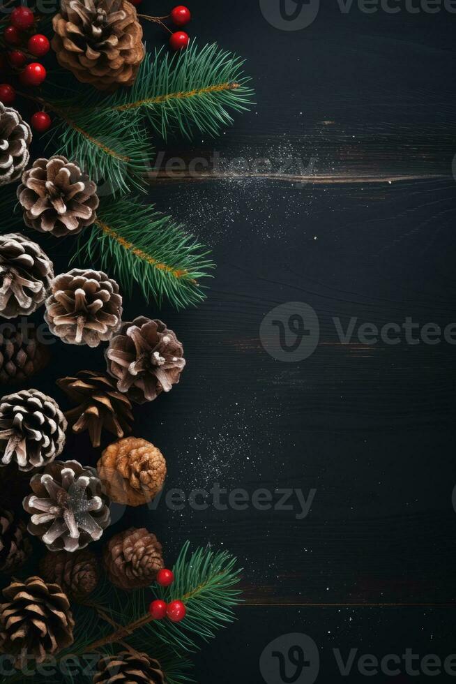 AI generated Christmas decoration with pine cones. Christmas background with space for text. photo