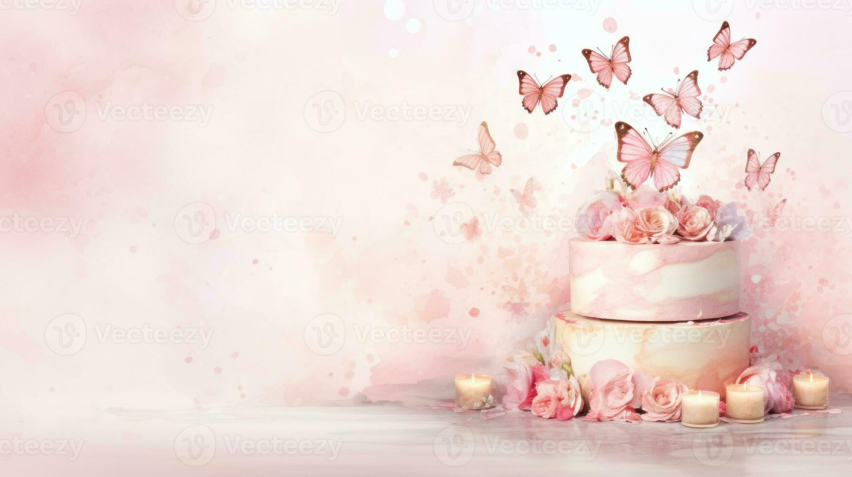 AI generated Aquarelle illustration of cake with butterflies and flowers on pastel peach pink background. Art for special occasions. Great for social media posts or event invitations. Banner photo
