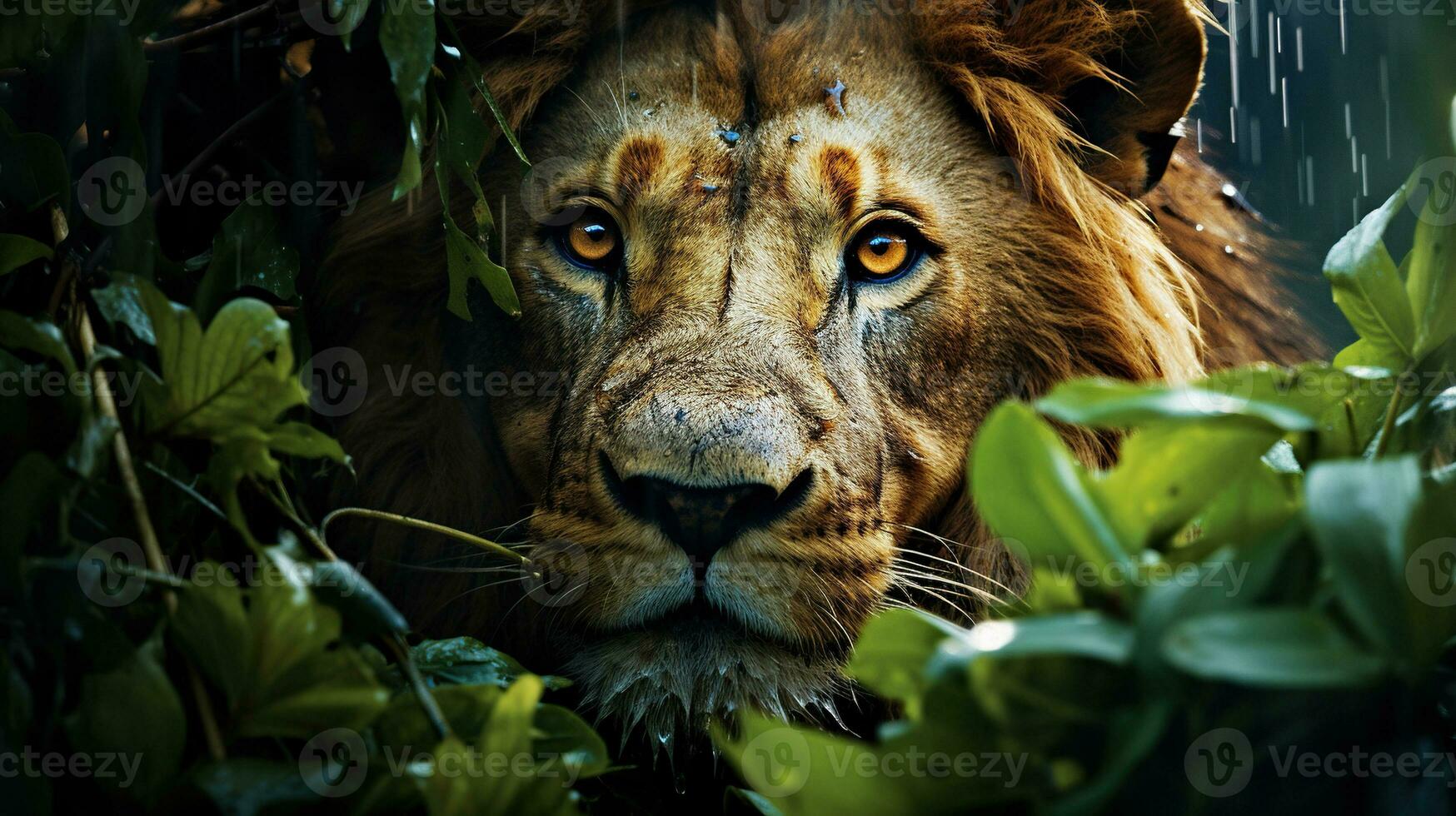 AI generated Portrait of a wild lion in the leaves in the jungle. Generated by artificial intelligence photo