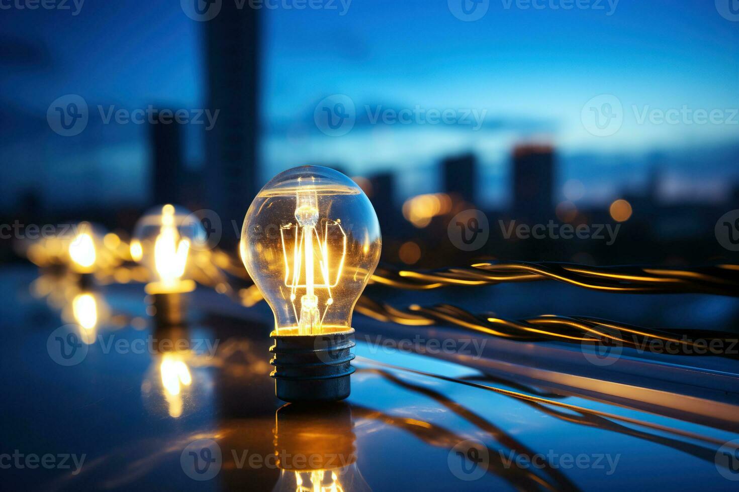 AI generated Light bulb against the backdrop of a blurred city in the evening. Electric energy concept. Generative AI photo