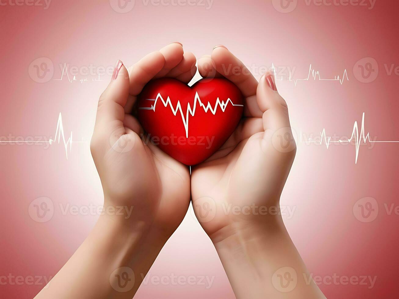 AI generated Valentine's Day Concept 3D Red Heart with Cardiogram and Hand Close-Up photo