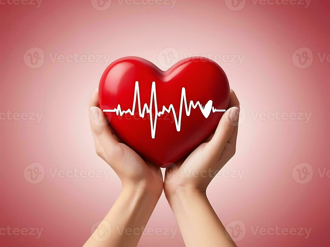 AI generated Valentine's Day Concept 3D Red Heart with Cardiogram and Hand Close-Up photo