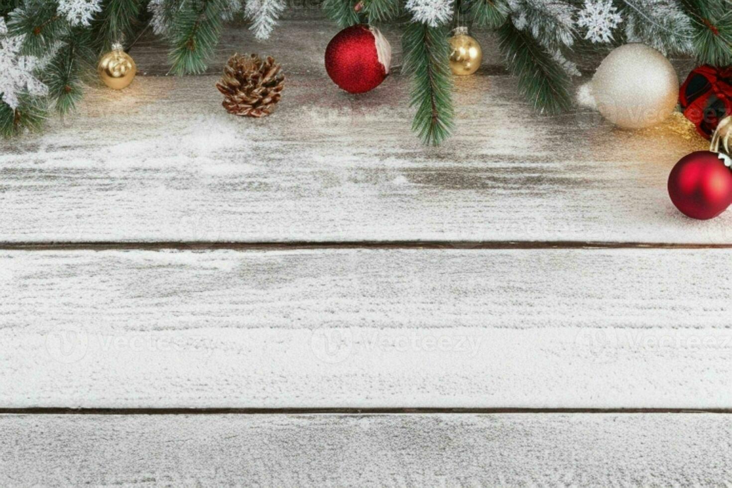 AI generated Christmas wooden background with snow.  Merry Christmas and New Year banner with Copy space. Pro Photo