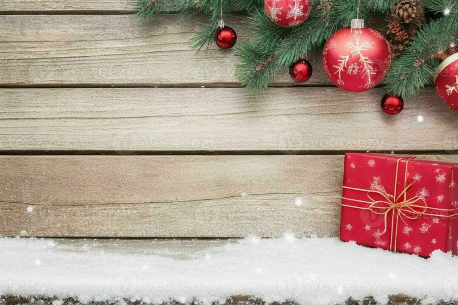 AI generated Christmas wooden background with snow.  Merry Christmas and New Year banner with Copy space. Pro Photo