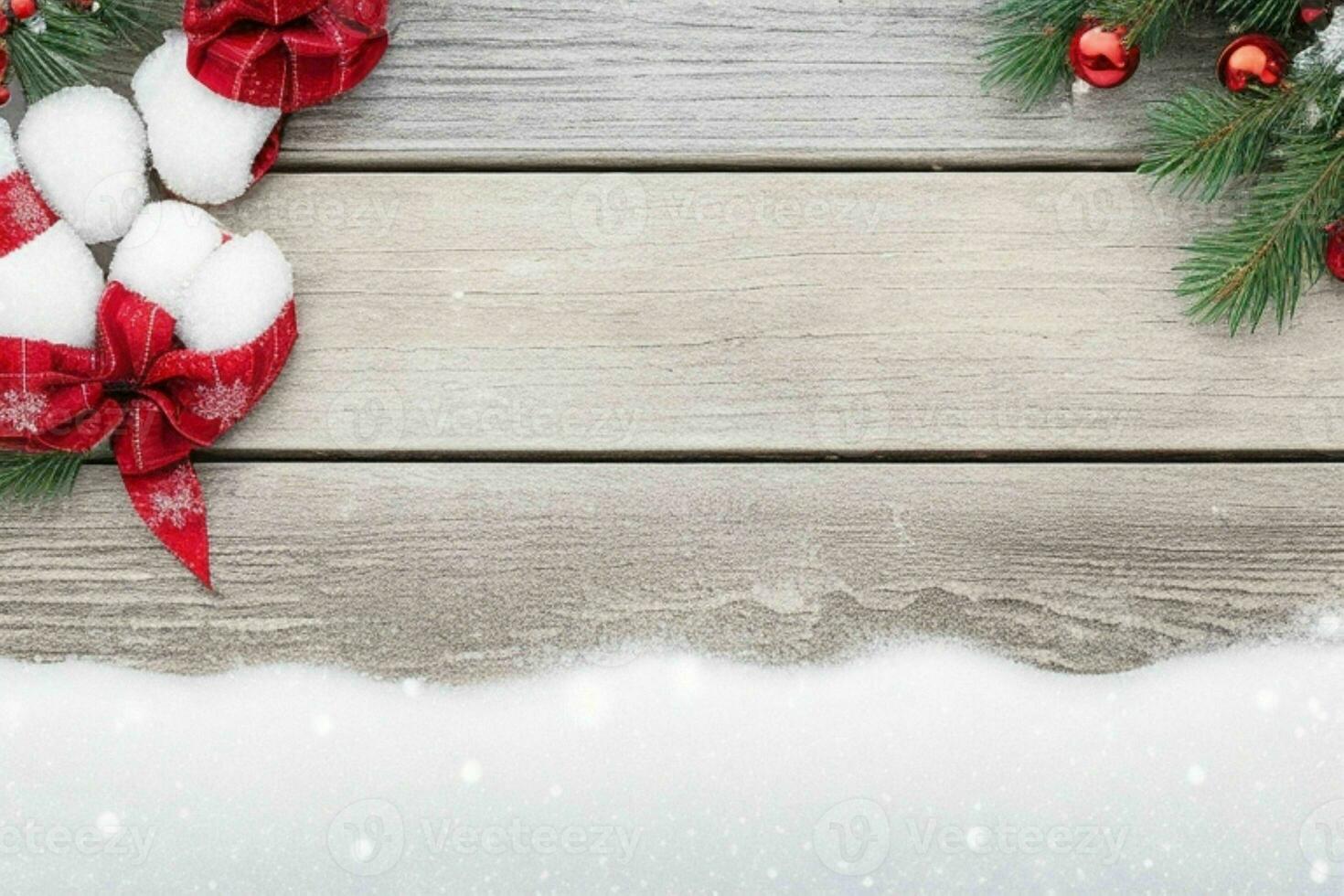 AI generated Christmas wooden background with snow.  Merry Christmas and New Year banner with Copy space. Pro Photo