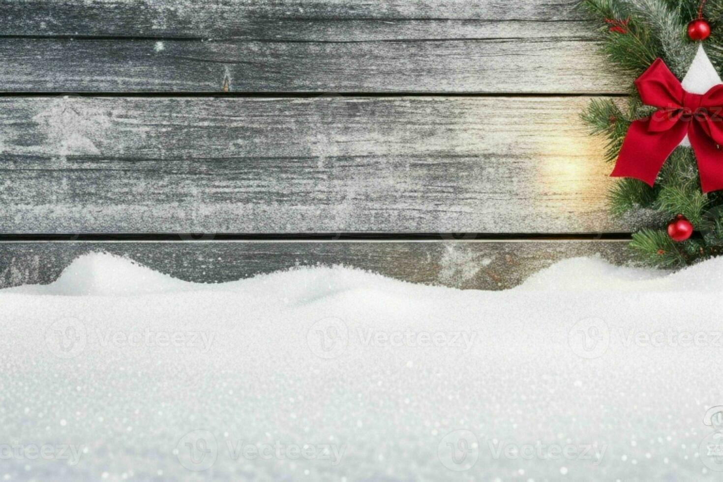 AI generated Christmas wooden background with snow.  Merry Christmas and New Year banner with Copy space. Pro Photo