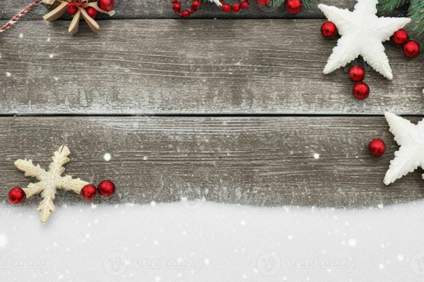 AI generated Christmas wooden background with snow.  Merry Christmas and New Year banner with Copy space. Pro Photo