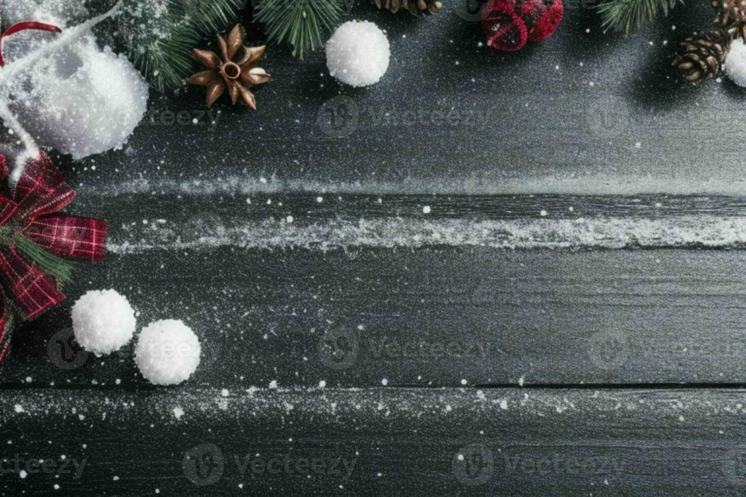 AI generated Christmas wooden background with snow.  Merry Christmas and New Year banner with Copy space. Pro Photo