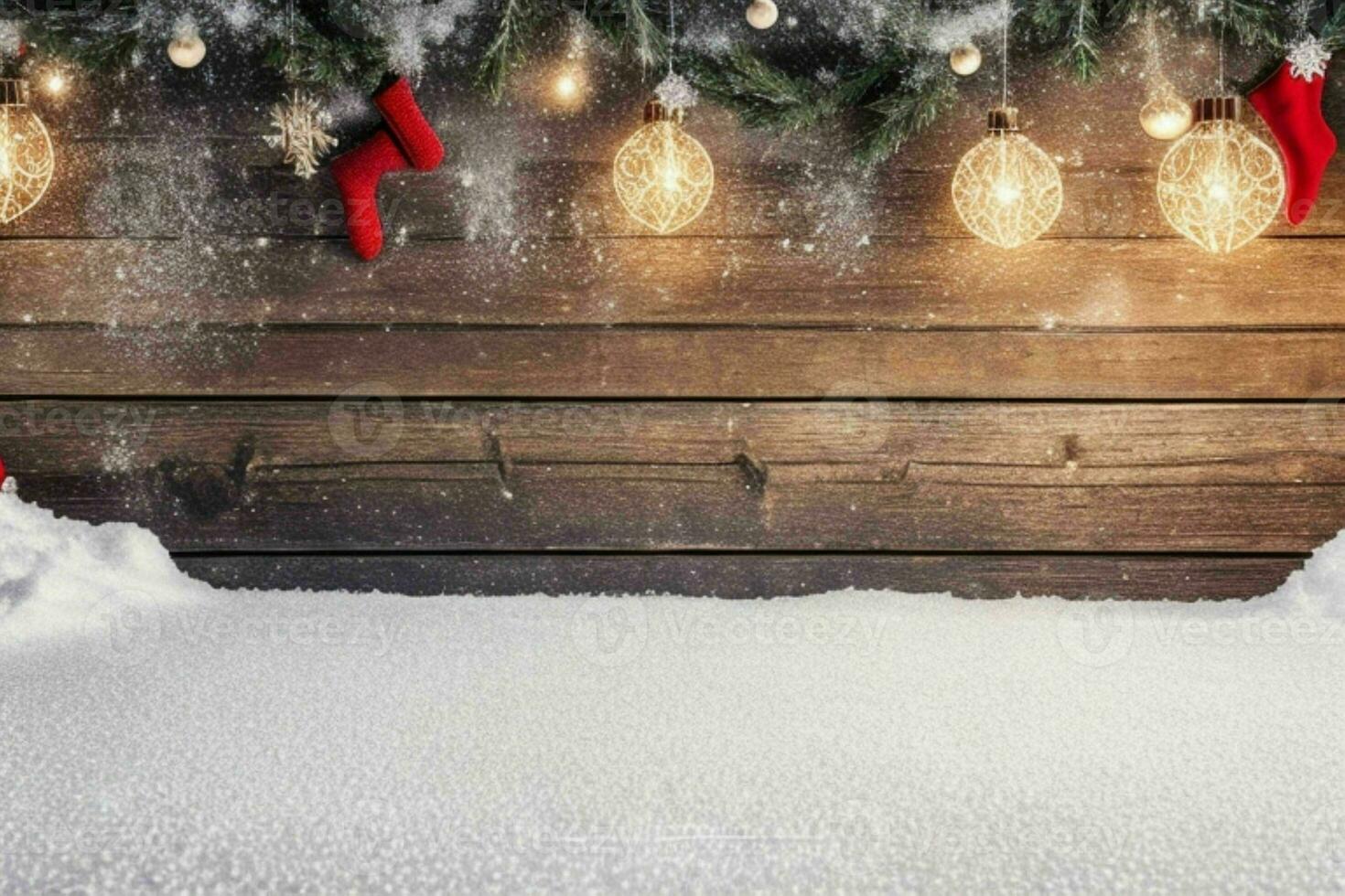 AI generated Christmas wooden background with snow.  Merry Christmas and New Year banner with Copy space. Pro Photo