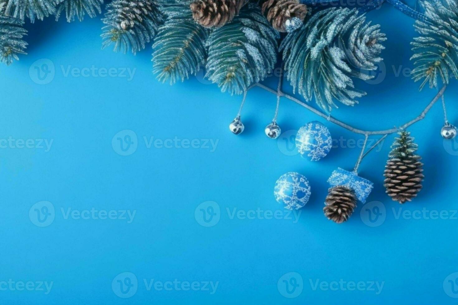 AI generated Blue background. Merry Christmas and New Year banner with Copy space. Pro Photo