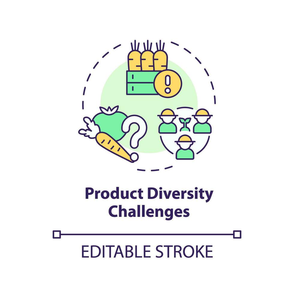 2D editable multicolor product diversity challenges icon, creative isolated vector, thin line illustration representing agricultural clusters. vector