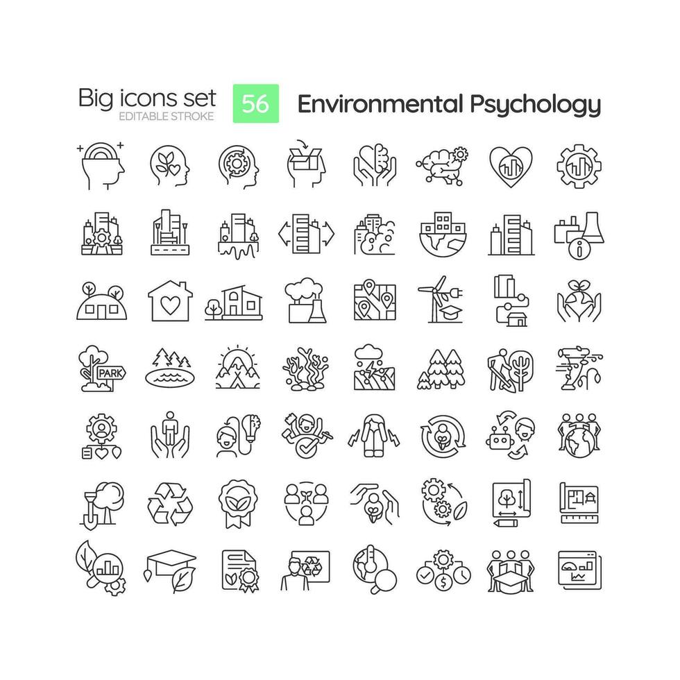 2D editable black big icons set representing environmental psychology, isolated creative vector, linear illustration. vector