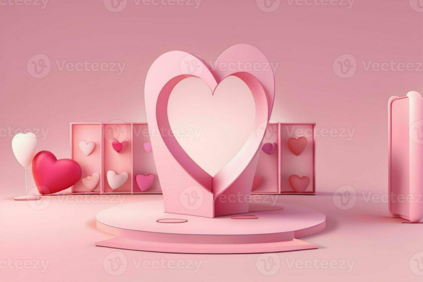 AI generated 3D rendering podium for product display mockup, Valentine's day love shape background. Pro Photo