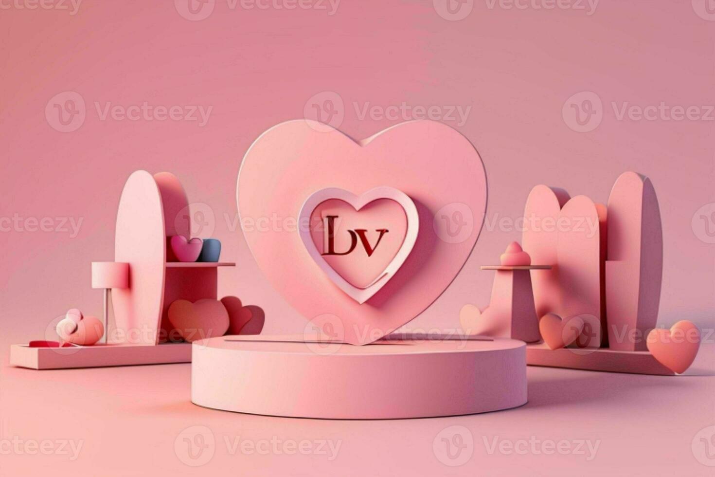 AI generated 3D rendering podium for product display mockup, Valentine's day love shape background. Pro Photo