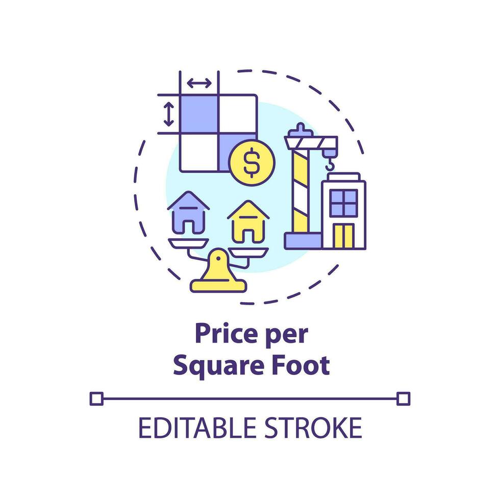 2D editable multicolor price per square foot icon, simple isolated vector, construction cost thin line illustration. vector