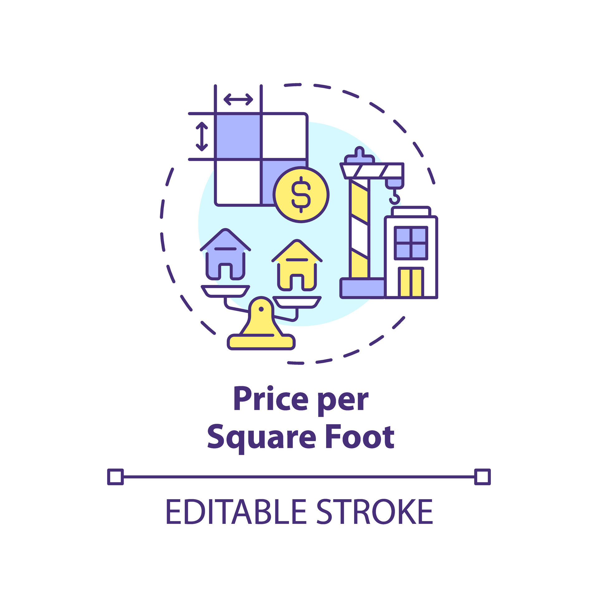 2D editable multicolor price per square foot icon, simple isolated vector, construction cost