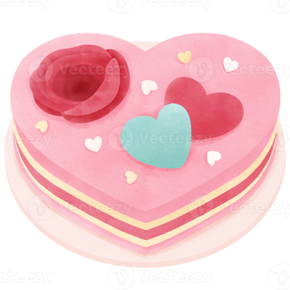 Pink cake with hearts, rose flowers, watercolor clip art png