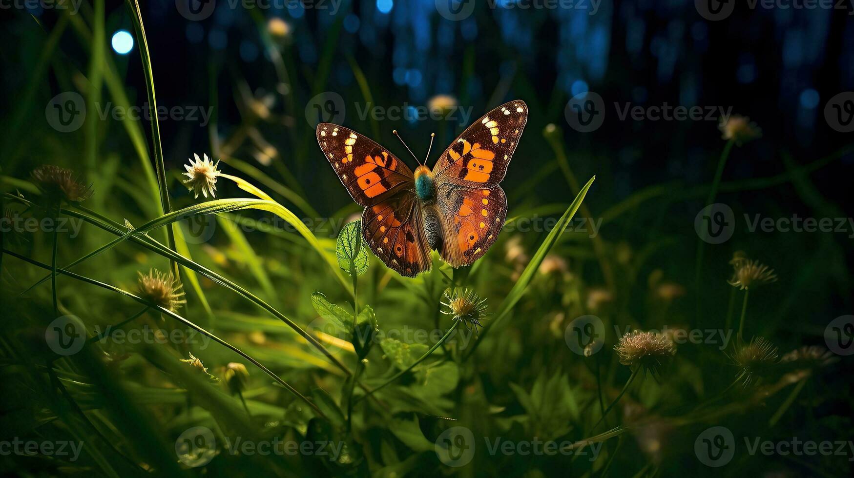 AI generated Butterfly in the grass meadow at night Generative AI photo