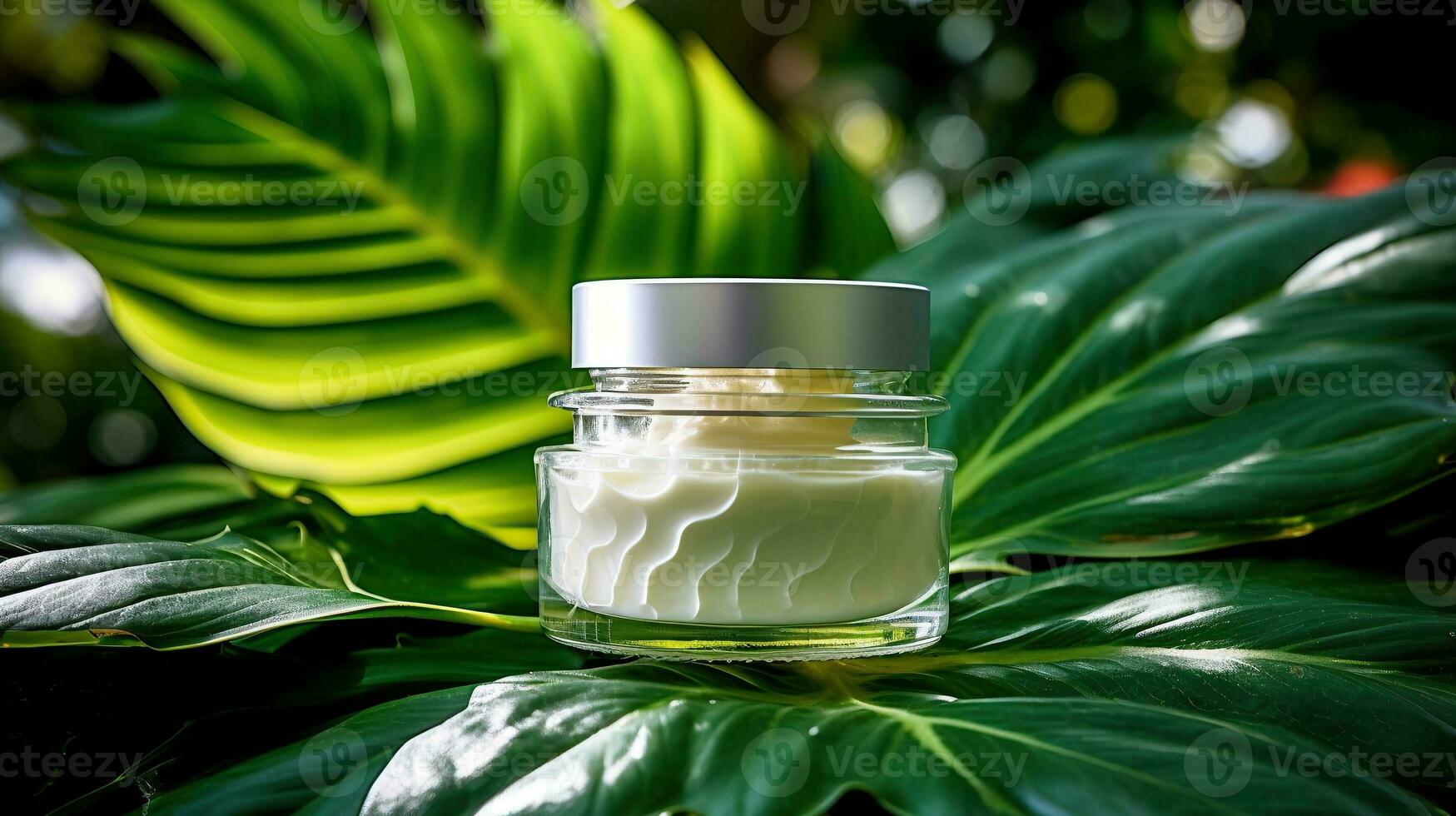 ai generado crema protección de la piel en un tarro producto en un verde tropical hoja con Copiar espacio generativo ai foto