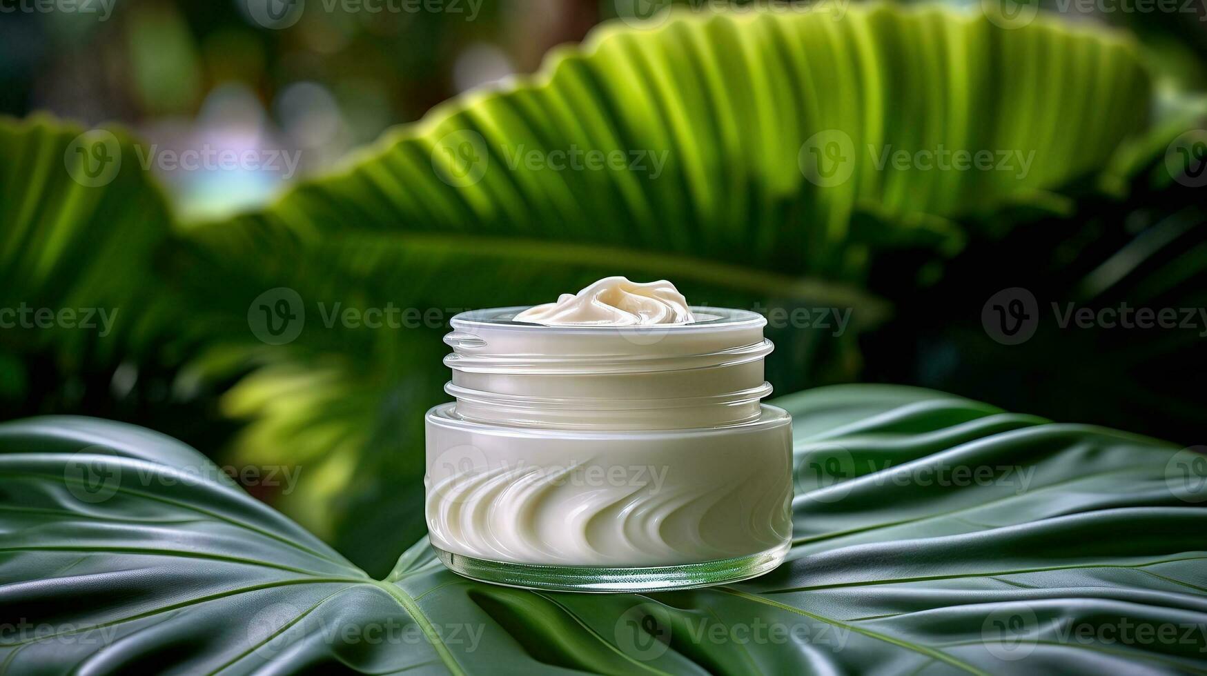 ai generado crema protección de la piel en un tarro producto en un verde tropical hoja con Copiar espacio generativo ai foto