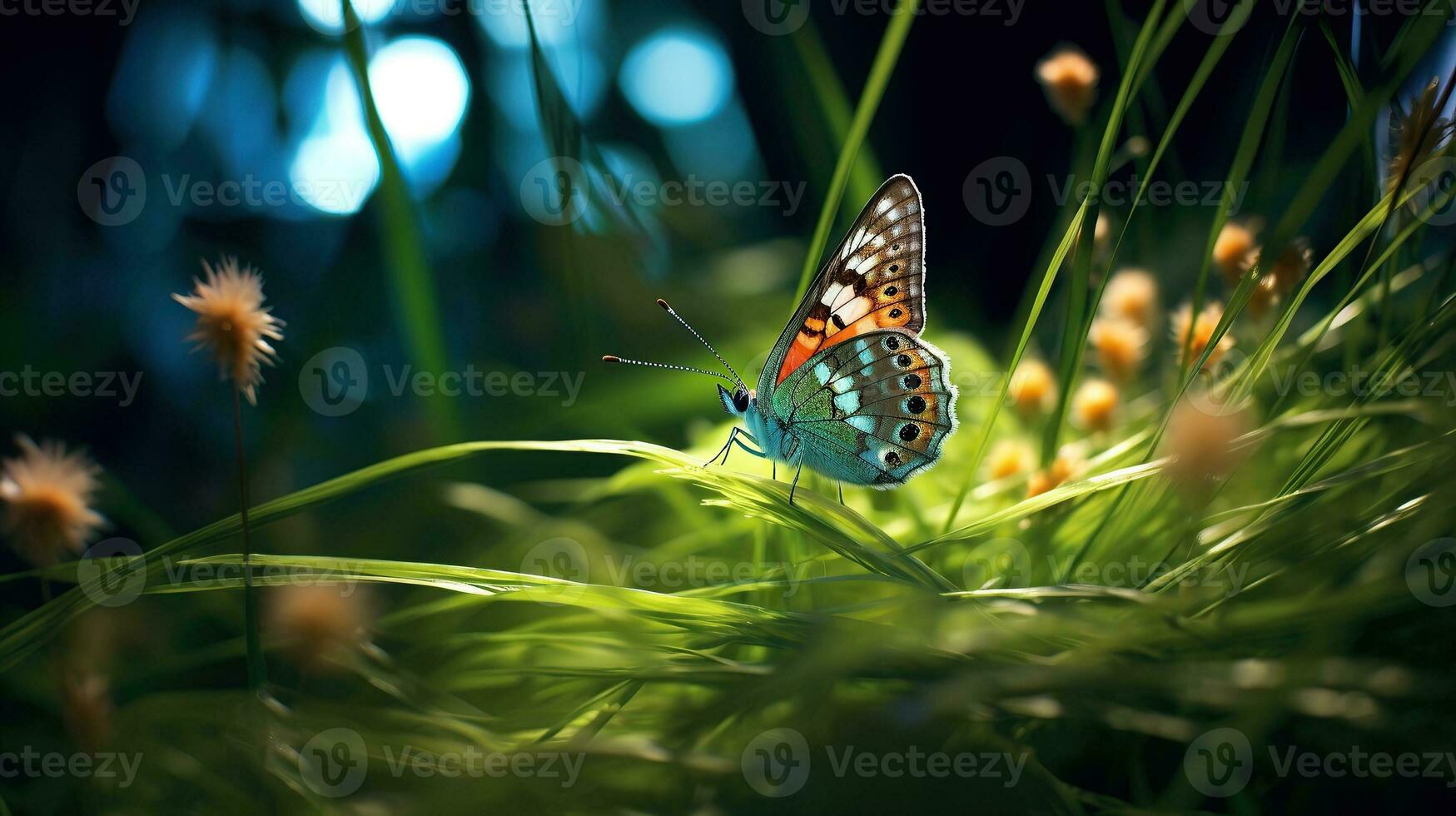 AI generated Butterfly in the grass meadow at night Generative AI photo