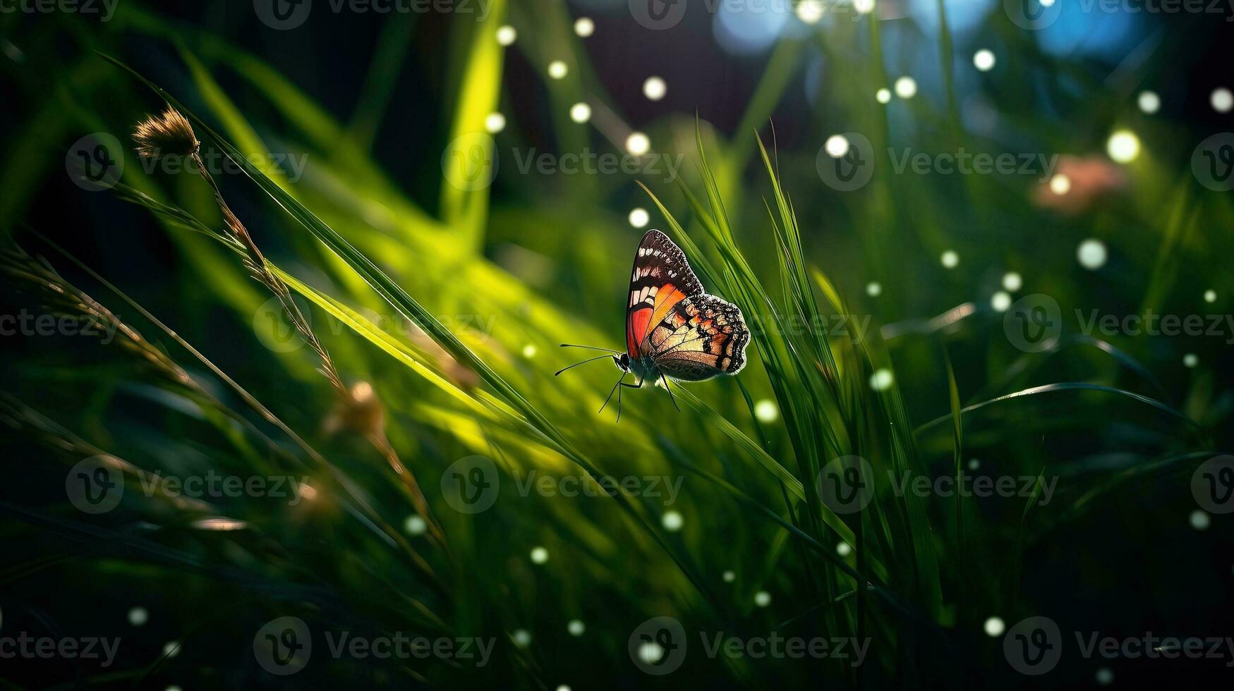 AI generated Butterfly in the grass meadow at night Generative AI photo
